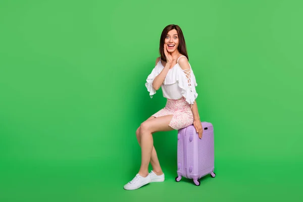 Full Size Photo Astonished Cheerful Girl Sit Suitcase Hand Touch — Foto de Stock