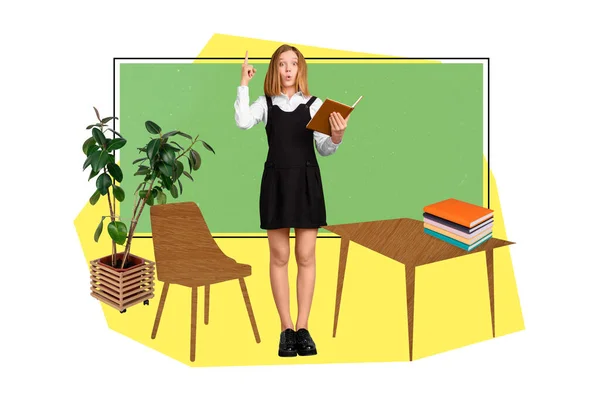 Banner collage of school girl answer lesson wear uniform isolated on painting background.