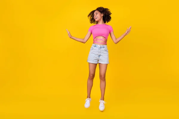 Full Size Photo Funny Brunette Millennial Lady Jump Wear Top — Stock fotografie