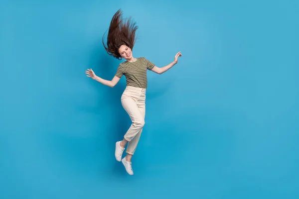Full Body Photo Cool Millennial Brunette Lady Jump Wear Casual — Stockfoto