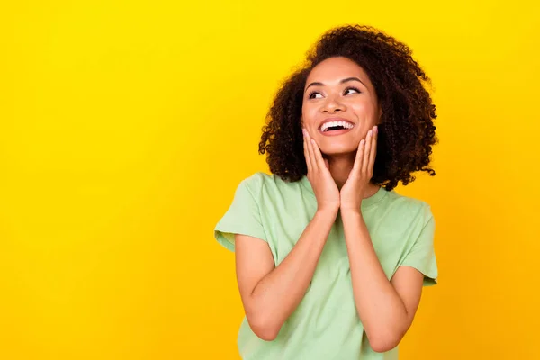 Photo Cute Brunette Millennial Lady Hands Face Look Wear Green — Stockfoto