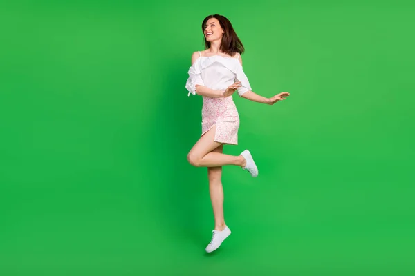 Full Body Photo Energetic Cheerful Lady Jumping Rejoice Isolated Green — Stockfoto
