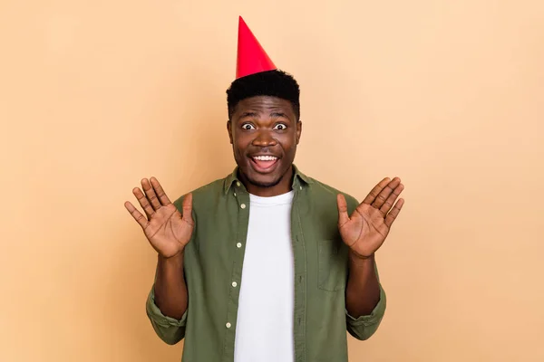 Photo Positive Crazy Guy Wear Cone Headwear Impressed Incredible Present — Stock fotografie