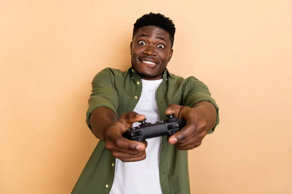 Photo Hooray Millennial Brunet Guy Playstation Wear Khaki Shirt Isolated —  Fotos de Stock