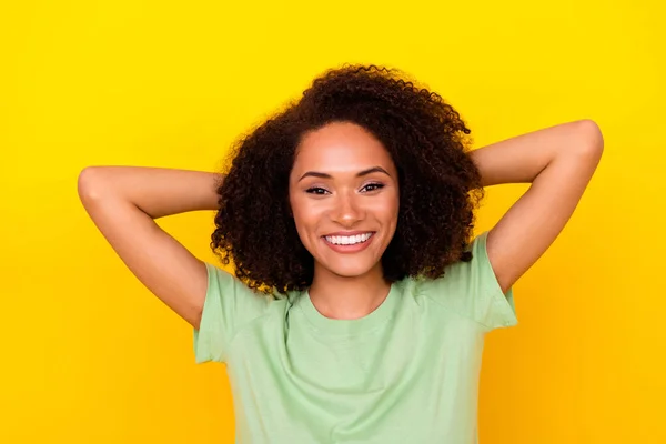 Photo Pretty Charming Lady Wear Green Shirt Arms Head Smiling — Foto Stock