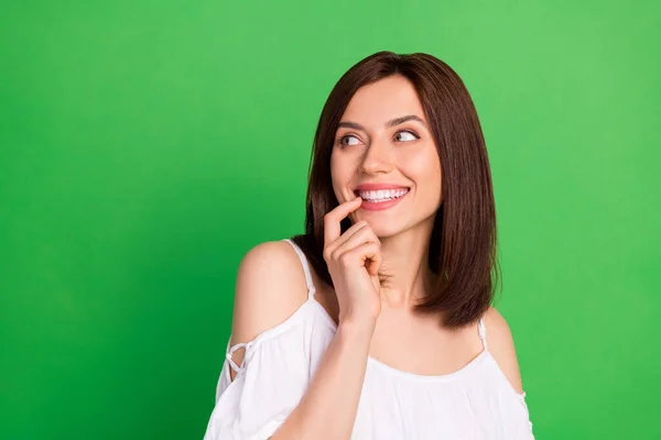 Photo Portrait Lovely Young Woman Look Curious Empty Space Bite — Stockfoto