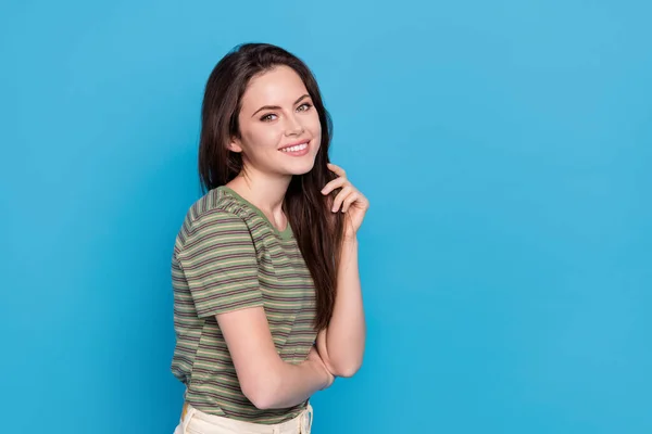 Photo Sweet Young Brunette Lady Touch Hair Wear Green Shirt — Stock Photo, Image