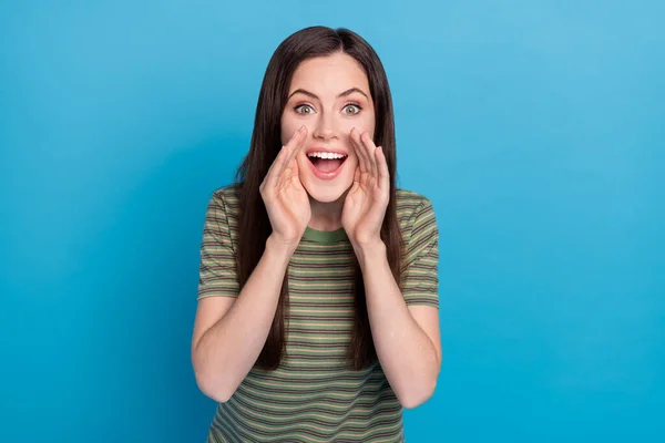 Photo Impressed Young Brunette Lady Say Gossip Wear Striped Shirt — Stockfoto