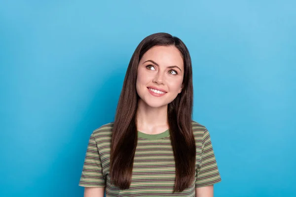 Photo Impressed Young Brunette Lady Look Wear Green Shirt Isolated — Stockfoto