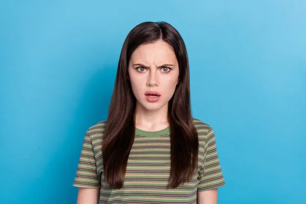 Photo Sad Millennial Brunette Lady Wear Green Shirt Isolated Blue — Stockfoto