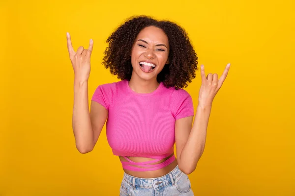 Portrait Carefree Childish Person Show Tongue Fingers Demonstrate Heavy Metal — Stockfoto