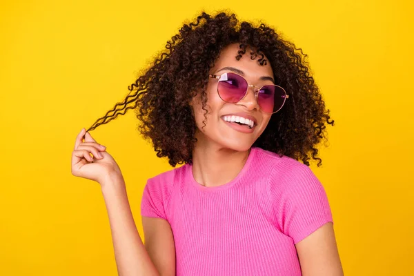 Photo Funny Dreamy Lady Wear Pink Top Dark Eyewear Holding — Stockfoto