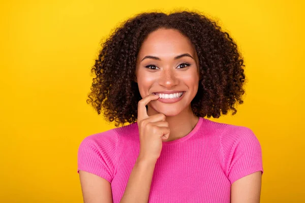 Photo Funky Brunette Lady Finger Teeth Wear Crop Top Isolated — Foto de Stock