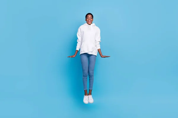 Photo Attractive Charming Trans Girl Wear White Sweatshirt Jumping High — Stock Fotó