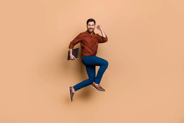 Full Length Photo Delighted Astonished Person Jumping Raise Fist Celebrate — Stock Photo, Image