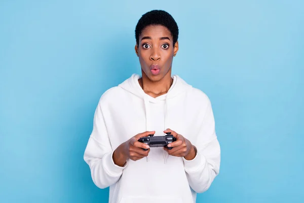 Photo Beautiful Impressed Trans Girl Wear White Sweatshirt Loosing Playstation —  Fotos de Stock