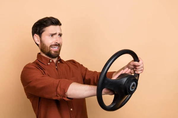 Profile Photo Unsatisfied Worried Person Hold Wheel Arm Beep Horn — Stock fotografie