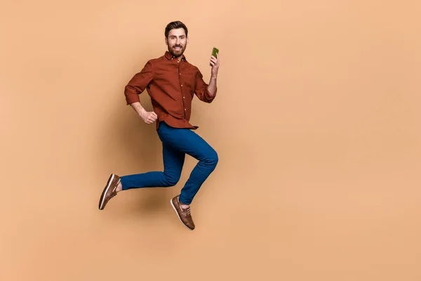 Full Body Profile Photo Active Cheerful Guy Jump Run Hurry — Stockfoto
