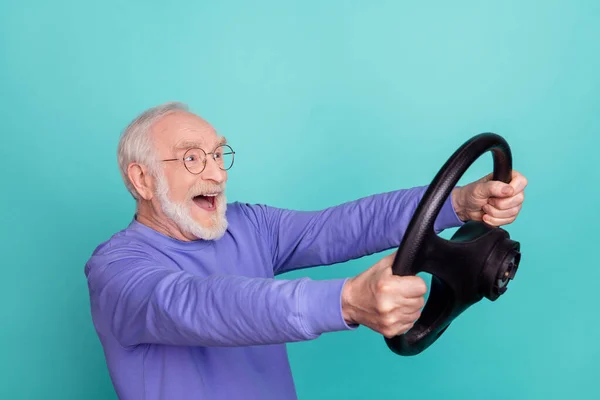 Profile Portrait Overjoyed Astonished Person Arms Hold Wheel Look Empty — Stock Photo, Image