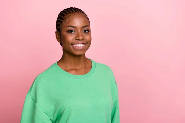 Photo Friendly Candid Girl Beaming Smile Look Camera Isolated Pink — Stockfoto