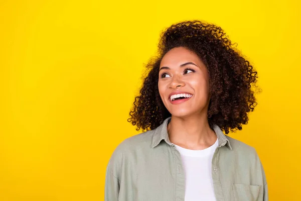 Photo Positive Excited Lady Worker Look Empty Space Smiling Toothy — 스톡 사진