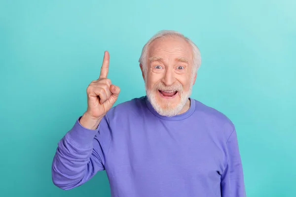 Portrait Funny Positive Aged Man Point Finger New Bright Idea — Stockfoto