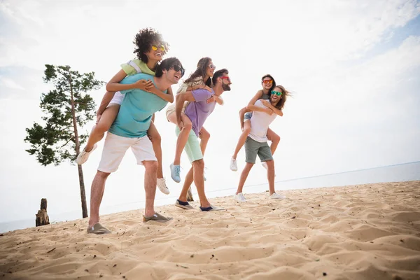 Full length portrait of group excited positive people piggyback walking sand beach have good mood outside.