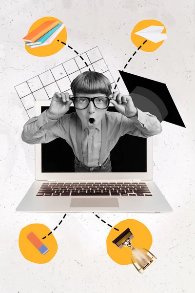Vertical Banner Collage School Boy Appear Laptop Wear Glasses Uniform — Stok fotoğraf