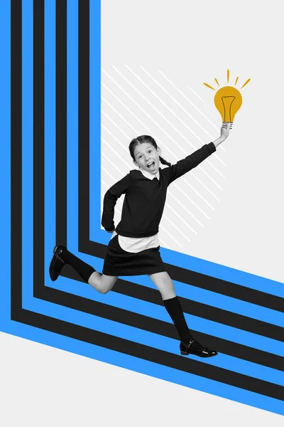 Vertical Collage Picture Excited Smart Girl Black White Effect Hand — Stockfoto