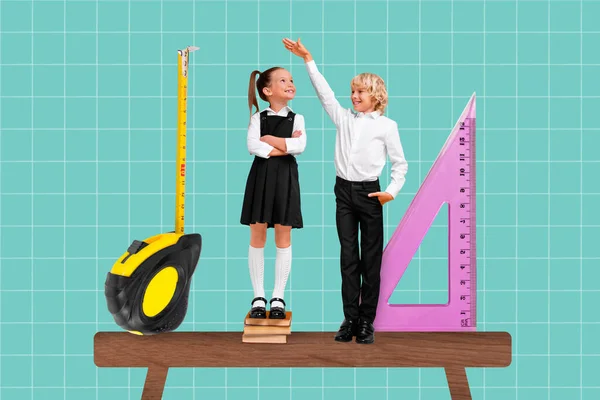 Creative Collage Two Small Kids Arm Measure Height Tape Triangular — Stockfoto
