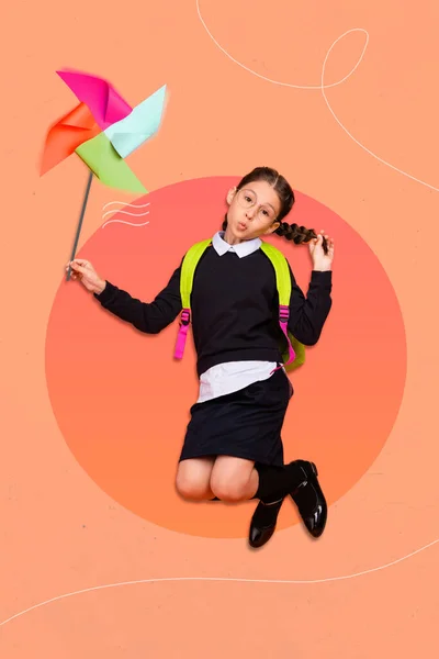 Vertical Collage Image Small Girl Hand Hold Big Windmill Spinner — 스톡 사진