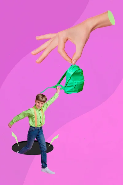 Vertical collage portrait of big arm fingers hold backpack small boy hanging isolated on drawing violet background.