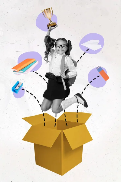 Vertical Poster Collage Little Girl Jump Win Wear Uniform Glasses — Stok fotoğraf
