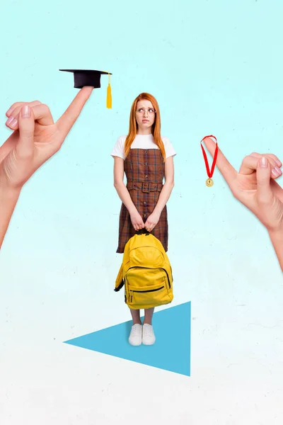 Vertical Collage Picture Minded Uncertain Girl Hold Rucksack Look Arm — Stock fotografie