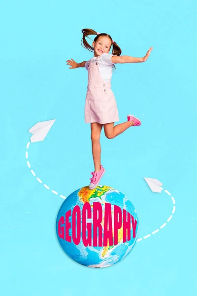 Vertical Collage Picture Excited Crazy Girl Stand Planet Earth Globe — Fotografia de Stock
