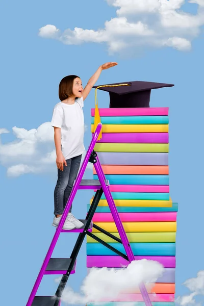 Vertical collage image of funny little girl climb ladder hand measure pile stack book height isolated on clouds sky background.