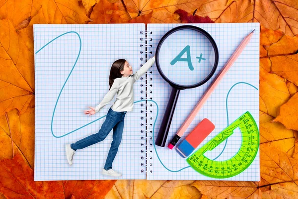 Composite Collage Picture Little Girl Big Opened Checkered Copybook Magnifier — Foto Stock
