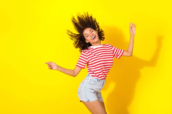 Portrait Young Happy Dancing Woman Celebrate Menstruation Healthy Isolated Yellow — 스톡 사진