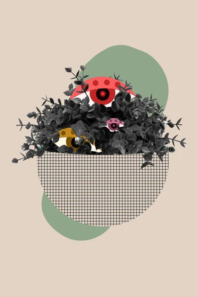 Вертикальный Коллаж Картина Окрашены Цветочный Горшок Растения Глаза Внутри Изолированы — стоковое фото