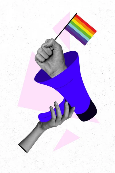 Composite collage illustration of hands hold megaphone lgbt rainbow flag sign fist fight support diversity pride rights painting background.