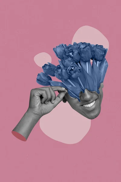 Vertical Collage Illustration Cheerful Guy Head Black White Effect Blue — Foto de Stock