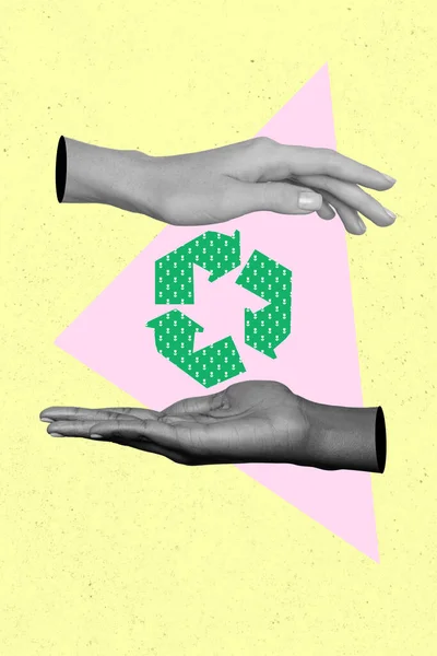 Creative Artwork Collage Arms Hold Green Levitate Recycling Symbol Saving — Stockfoto