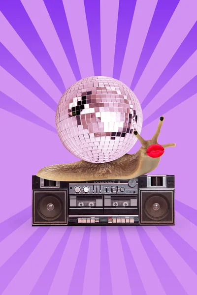Vertical Collage Image Snail Red Lips Boom Box Huge Disco — Stok fotoğraf