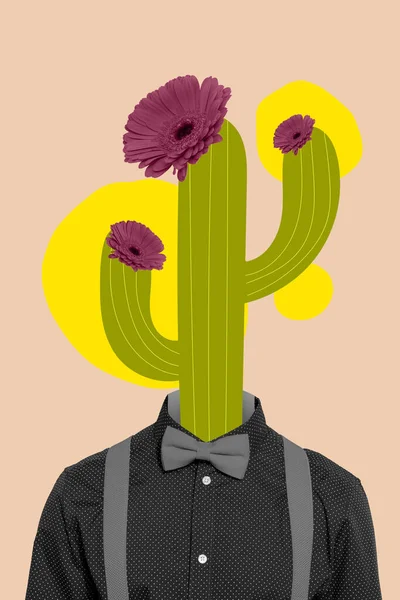 Vertical Collage Banner Man Cactus Instead Head Black White Color — Stockfoto