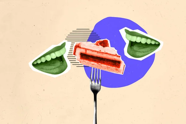 Composite Collage Picture Two People Mouth Toothy Beaming Smile Fork — Zdjęcie stockowe