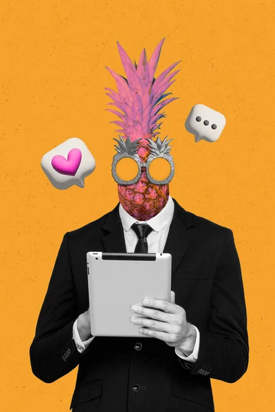 Vertical Collage Portrait Person Pineapple Instead Head Hold Use Tablet — Stock fotografie