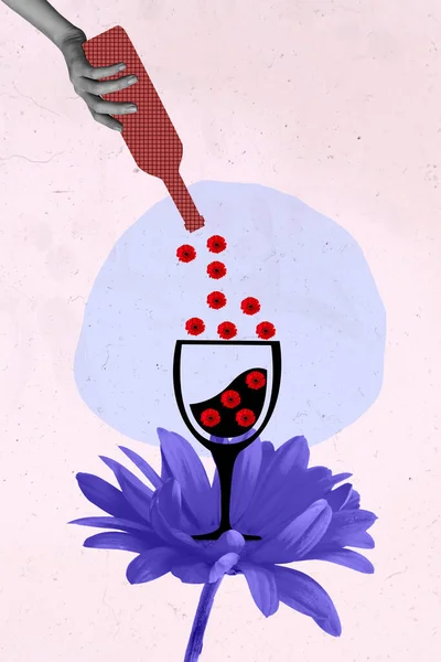 Creative Retro Magazine Image Arm Holding Wine Bottle Pouring Wine — Stockfoto