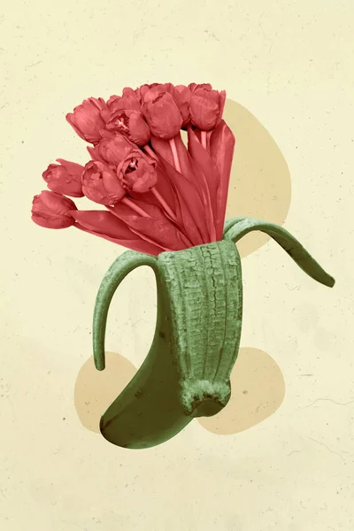 Vertical Collage Illustration Tulips Flowers Banana Isolated Creative Drawing Background — Zdjęcie stockowe