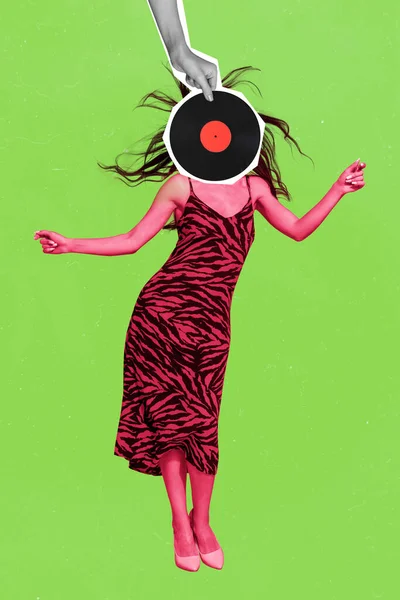 Advert Poster Collage Luxurious Girl Vinyl Disc Face Dance Energetic — Stock Photo, Image
