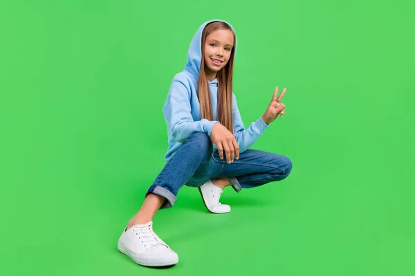 Full length photo of charming little girl show v-sign symbol crouch posing wear stylish blue sportswear isolated on green color background.